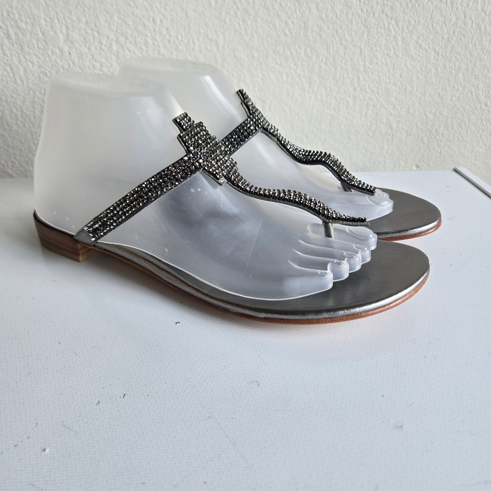 Stuart Weitzman Vanity Crystal Embellished Metallic Pewter Thong Sandals 8.5M